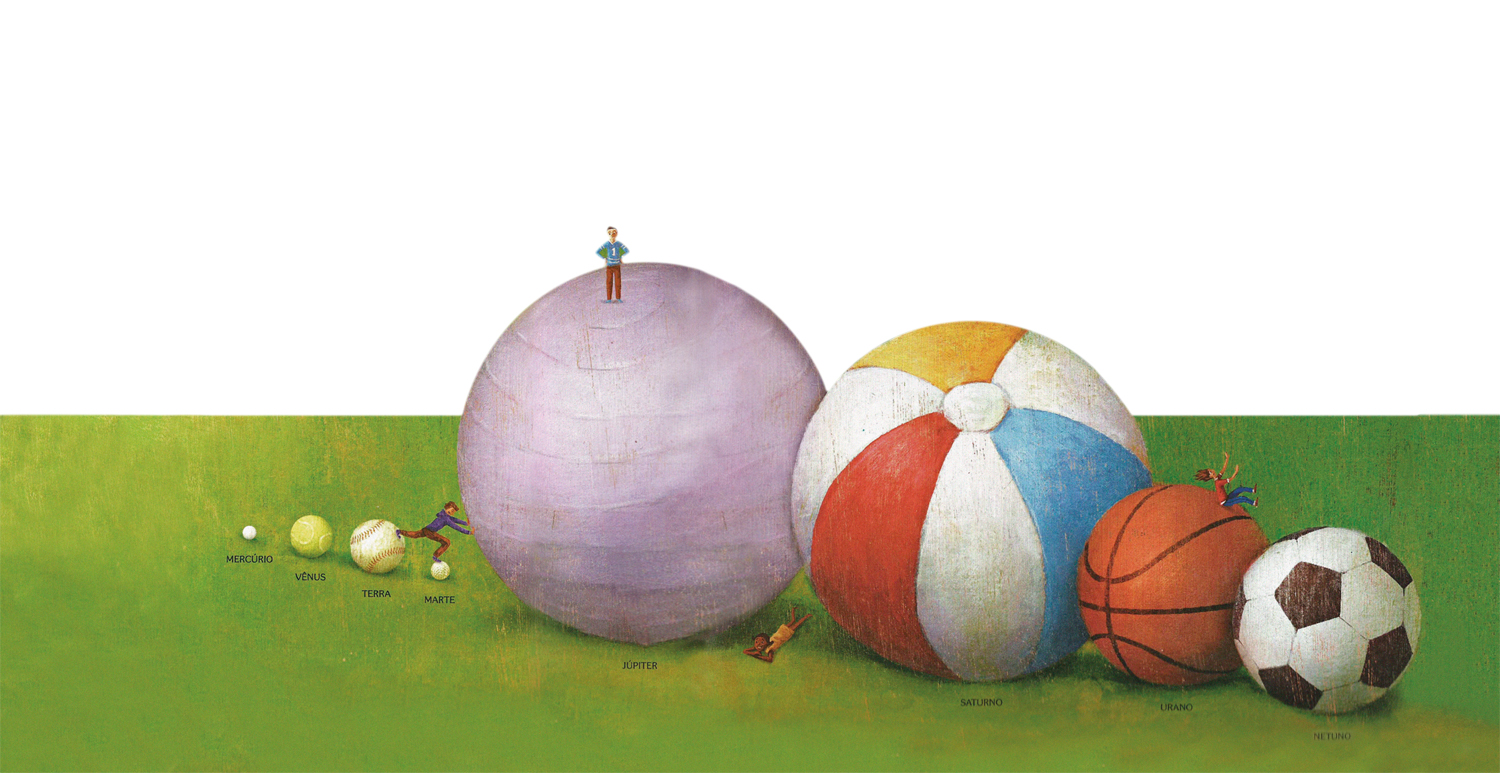 As bolas-planeta e seus tamanhos e massas: a Terra é uma bola de beisebol, Júpiter uma bolona daquelas de praia, o que preserva a relação de massa entre eles