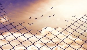 Chain,Link,Fence,With,Hole,Against,A,Cloudy,Blue,Sky