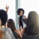 Question,,Black,Woman,And,Smile,In,Seminar,,Speaker,And,Audience