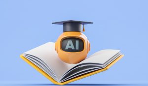 Yellow,Ai,Robot,In,Graduation,Cap,And,Opened,Book,,Blue