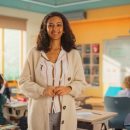 Portrait,Of,A,Beautiful,Happy,Young,Teacher,Standing,In,Classroom