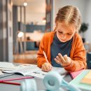 Child,Learning,Math.,Pensive,Blonde,Girl,Sitting,By,Desktop,And