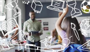 Raising,Hand,Girl,In,Purple,Shirt,Engaging,Male,Teacher,In
