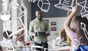 Raising,Hand,Girl,In,Purple,Shirt,Engaging,Male,Teacher,In