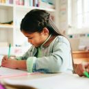 Education,,Students,And,Child,Writing,In,Classroom,For,Learning,,Fine