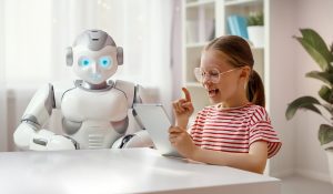 A,Cute,Girl,Is,Playing,With,A,Robot.,The,Concept